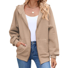 (S, Khaki) Giacca autunnale da donna con cappuccio, tinta unita, maniche lunghe, zip, trapuntata, con tasche.