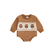 (3-6 Months, Khaki) Combinaisons et sweats pour bébés, vêtements de Thanksgiving, broderie de dinde, bodies d'automne à manches longues