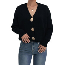 (L, Black) Dámský kardigan, ležérní, s knoflíky, podzimní, s dlouhým rukávem, výstřihem do V, pletený svetr