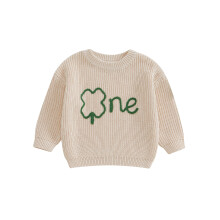 (12-18 Months, Beige) Narozeninový svetr pro chlapce a dívky, pletený top s výšivkou a dlouhým rukávem