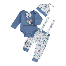 (6-12 Months, Blue) Zestaw ubranek dla chłopców, 3 sztuki, długi rękaw, haftowana kaczka, kombinezon, spodnie na szelkach, czapka