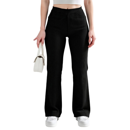 (XL, Black) Calça flare canelada e outono.