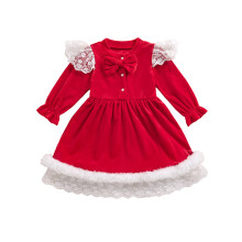 (18-24 Months, Red) Robe en velours pour filles, avec dentelle, tissu éponge, manches longues, nœud et boutons, tenue adorable.