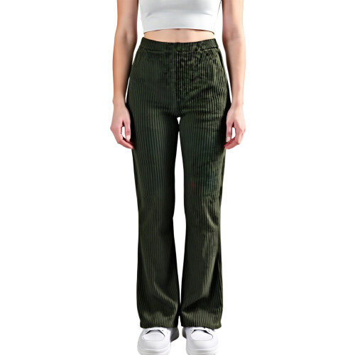 (S, Army Green) Calça flare canelada e outono.