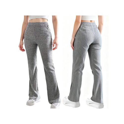 (M, Light Gray) Calça flare canelada e outono. 1