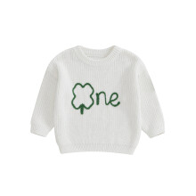 (12-18 Months, White) Narozeninový svetr pro chlapce a dívky, pletený top s výšivkou a dlouhým rukávem