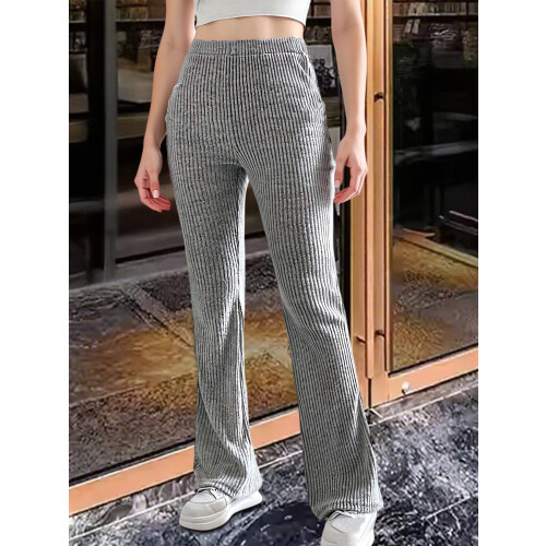 (XL, Light Gray) Calça flare canelada e outono. 2