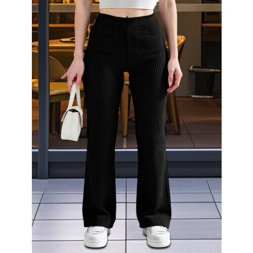 (XL, Black) Calça flare canelada e outono. 2