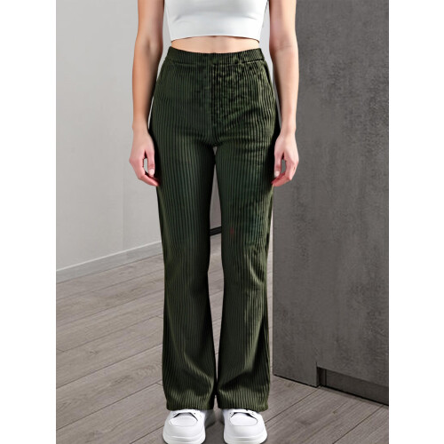 (S, Army Green) Calça flare canelada e outono. 2
