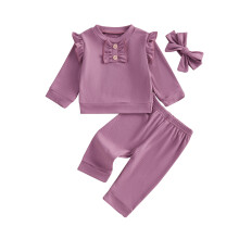 (0-6 Months, Purple) Tacar Fómhair do Chailíní, Barr Muinchille Fada, Bríste Fada, Éadaí 3 phíosa le Banda Ceann