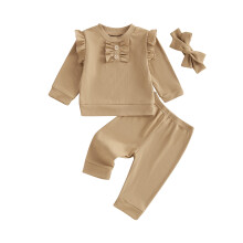 (18-24 Months, Khaki) Tacar Fómhair do Chailíní, Barr Muinchille Fada, Bríste Fada, Éadaí 3 phíosa le Banda Ceann