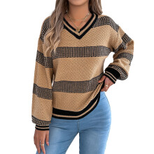 (S, Khaki) Womens Knit Tops Fall Lantern Long Sleeve V Neck Striped Contrast Color Pullover Sweater