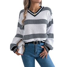 (XL, White) Női Kötött Felsők Őszi Lámpás Hosszú Ujjú V Nyakú Csíkos Kontraszt Színű Pulóver