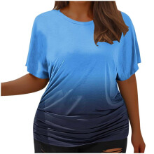 VERUGU Blusas de tallas grandes para mujer, de verano, modernas, con degradado de color, plisadas, de manga corta, estilo túnica informal con cuello