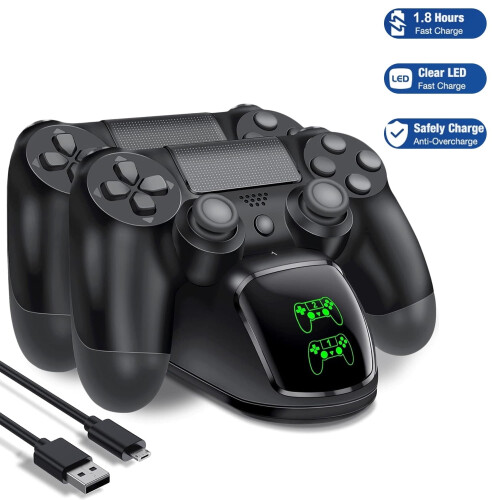 PS4-controllerlaadstation met dubbele USB-snellaadfunctie, LED-indicator, compatibel met PS4/Pro/Slim-controllers.