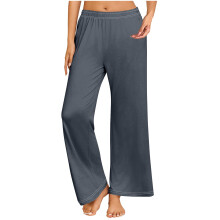 Pantalon de pyjama uni décontracté à jambes droites pour femme avec poches | 95 % polyester, 5 % élasthanne, vêtement d'intérieur extensible,