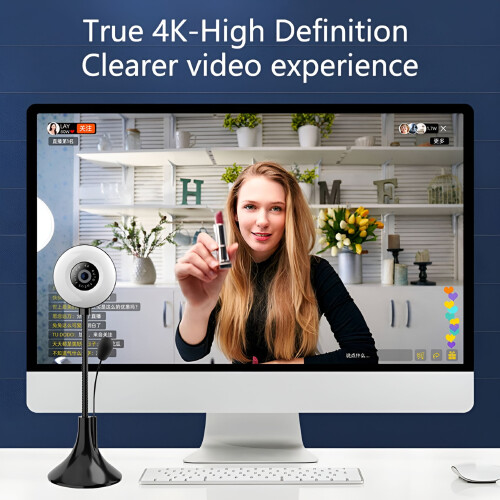 Webcam 2K com suporte flexível, foco automático, microfone, 3 níveis de brilho, conexão USB plug & play para laptop/PC – Compatível com 2