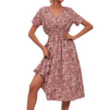 Rochie midi din șifon cu mânecă scurtă, cu imprimeu floral boem, decolteu în V, stil Enjiwell pentru femei