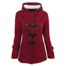 Manteau d'hiver pour femme, couleur unie, boutons en corne, cardigan, doudoune à capuche, épais et chaud, rouge, taille L