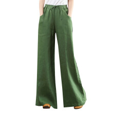 Dames cargo broek, casual zomerbroek met hoge taille, katoen-linnen palazzo, wijde pijpen, lange loungebroek met zakken