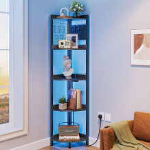 Dripex Corner Shelf with Power Outlets & Strip Lights, 5 Tiers 67" Tall Black Corner Bookshelf Corner Plant Stand Storage Shelving Unit for Living
