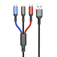 6A hurtigladekabel én til tre for Android- og Type-C-enheter, metallflettet 3-i-1-ladeledning med smartchip for samtidig lading