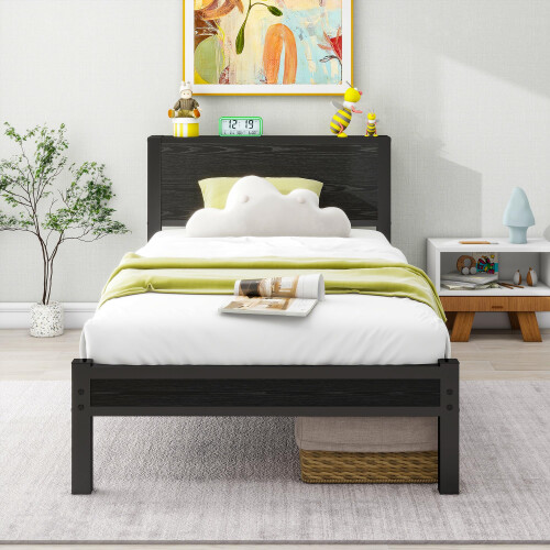 DUMEE Single Bed Frame with Wooden Storage Shelf Headboard, 3FT Metal Platform Bed Frame Single Bed, No Box Spring Needed, Enhanced Support, Black Oak