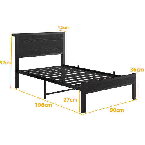 DUMEE Single Bed Frame with Wooden Storage Shelf Headboard, 3FT Metal Platform Bed Frame Single Bed, No Box Spring Needed, Enhanced Support, Black Oak 1