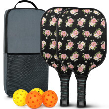 Pickleball Paddles Set with 2 Balls & Bag – Floral Fiberglass Rackets, Compatible with Indoor/Outdoor Play