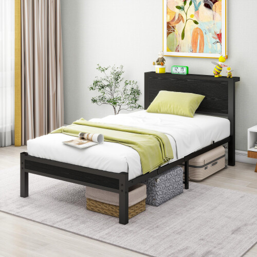 DUMEE Single Bed Frame with Wooden Storage Shelf Headboard, 3FT Metal Platform Bed Frame Single Bed, No Box Spring Needed, Enhanced Support, Black Oak 2