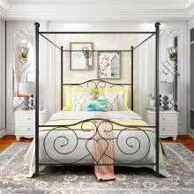 HAHRIR 5ft King Canopy Bed Frame Platform, 150x200cm Kingsize Bed Frame with Vintage Headboard and Footboard, Heavy Duty Steel Slats and Support with