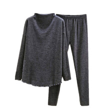 Dames thermische pyjamaset met col, fleece loungewear, lange mouwen en ruches aan de zoom, 2-delige set, maten L-2XL, donkergrijs