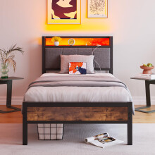 BORPHOM 3ft Single Bed Frame with Storage Headboard,LED Lights,Metal Upholstered Platform Bed Frame with Charging Station,Mattress Foundation/Strong