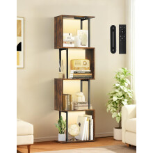 OUTONLIFE 5 Tier S-Shaped Geometric Bookshelf with LED Light, 3 Color Temperatures, Touch & Remote Control, Dimmable Standing Bookcase, Small Display