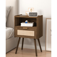 JERX Rattan Nightstand,Farmhouse Bedside Table with Storage Drawer and Open Wood Shelf, for Living Room, Bedroom and Small Spaces, Accent Night Stand