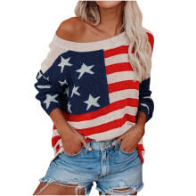 Pull patriotique drapeau américain pour femme, en maille, imprimé étoiles rouges, blanches et bleues, coupe ample, manches longues, polyester