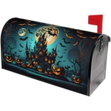 Couvercle de boîte aux lettres d'Halloween – Citrouilles, chauves-souris et château magnétiques, motif pleine lune, 53 x 46 cm, décoration