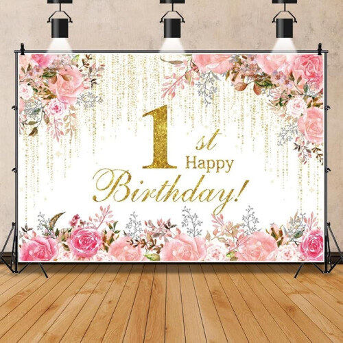 Sfondo floreale ad acquerello per compleanno – Rosa e oro 1