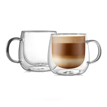 CNGLASS Double Walled Glass Coffee Mugs 10oz(290ml),Clear Insulated Cappuccino Cups with Handle Set of 2, Glassware for Tea and Latte