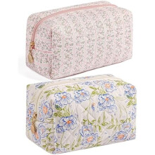 Trousse de maquillage florale pour femme – Pochette cosmétique de voyage zippée, organisateur de toilette portable (rose + grandes fleurs bleues)