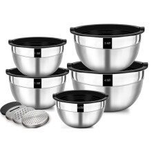 Wildone Mixing Bowls with Airtight Lids, 5 Pieces Stainless Steel Metal Nesting Storage Salad Bowls, Size 4.5L, 2.7L, 1.6L, 1.1L, 0.7L, Suitable for