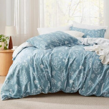 Ensemble de couette Queen surdimensionné - Ensemble de lit bleu minéral, 3 pièces, literie florale mignonne, 1 couette réversible douce à motifs