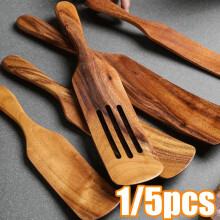 Ensemble de spatules en bois (1 ou 5 pièces) – Spatule en teck, spatule ajourée, spatule plate et raclette – Compatible avec les ustensiles de