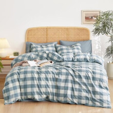 Parure de lit 3 pièces en percale de coton vichy, motif champêtre, 100 % coton lavé, coloris gris-bleu et blanc, taille Queen.