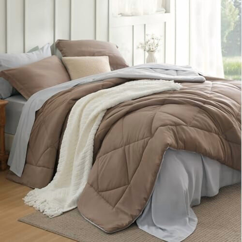Brown Reversible Comforter Set Full Size 7-Piece