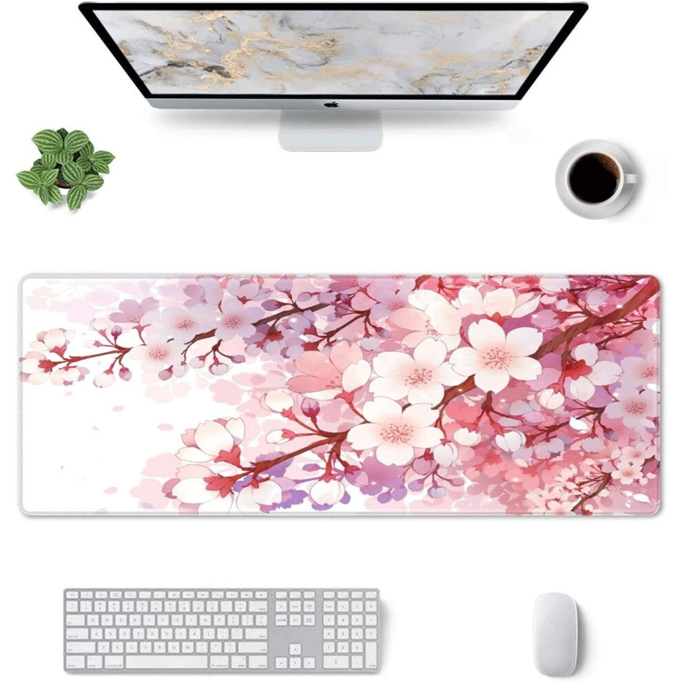 Japanese Sakura Xl Mouse Pad 31.5X11.8", Non-Slip Rubber Base, Stitched Edges, Waterproof – Compatible With Gaming & Office Pink 9170372943784