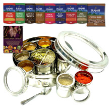 Bub: Large 22cm Premium Spice Tin Masala Dabba Rajah Spices Bundle & Recipe Book | 9 Spice Jars with Individual Lids - Holds 12 spices | Serving Spoon
