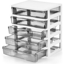 5-Drawer Desktop Storage Bin, White Frame + Clear Drawers, Small Plastic Organizer for Crafts, Accessories & Stationery