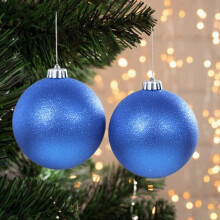 2PC 6" Glitter Extra Large Solid Oversized Huge Big Outdoor Plastic, Water Resistant Ball Ornament Hanging Tree Decorations Blue