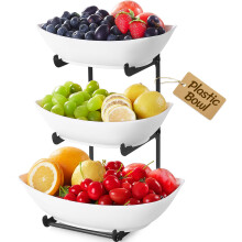 Lifewit Fruit Bowl, 3 Tier Fruit Holder for Kitchen Countertop, Plastic Food Basket with Metal Stand, Serving Tray for Food, Medium Capacity Snack